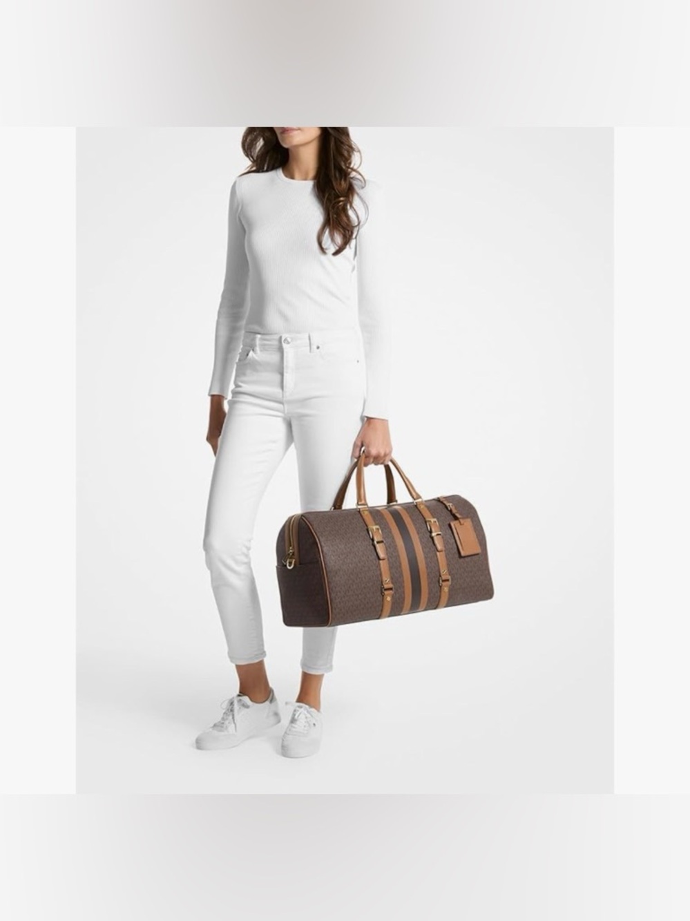 Michael Kors Brown & Black Stripe Bedford XLTravel Duffle & Matching wristlet - Picture 13 of 16